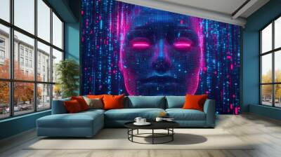 Neon face silhouette in cyberspace. Digital technology abstract conceptual banner. Human neon face in future tech line art style. Neural network mind in digital virtual reality. with generative ai Wall mural