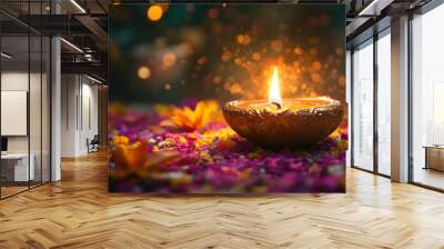 Oil lamps lit on colorful rangoli during diwali celebration, copy-space with generative ai Wall mural