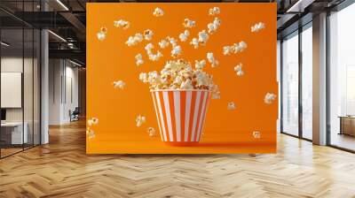 Popcorn falling into a bucket on orange background. 3d rendering. Freshly popped popcorn with generative ai Wall mural