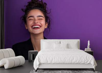 Portrait of a happy young businesswoman laughing on a purple background with generative ai Wall mural