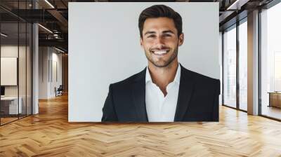 Portrait of handsome caucasian man in formal suit looking at camera smiling with toothy smile isolated in white background. Confident businessman ceo boss freelancer manager with generative ai Wall mural