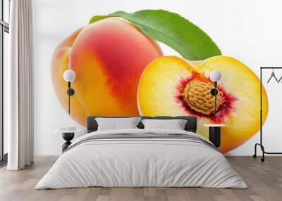 Ripe peach with leaf and peach slices on white background. File contains clipping path with generative ai Wall mural