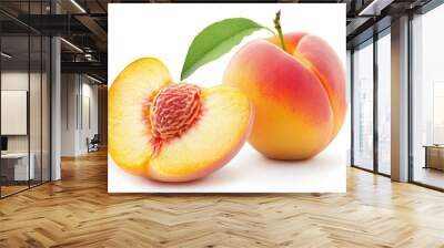 Ripe peach with leaf and peach slices on white background. File contains clipping path with generative ai Wall mural