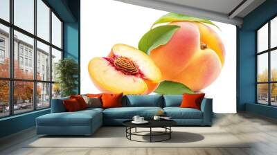 Ripe peach with leaf and peach slices on white background. File contains clipping path with generative ai Wall mural