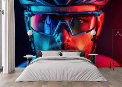 Spost background with copyspace. Cyclist. Dramatic colorful close-up portrait. with generative ai Wall mural