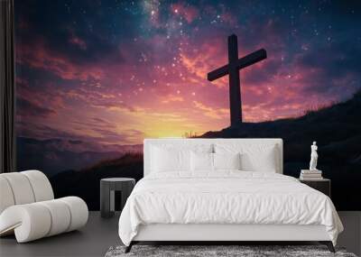 The Old Rugged Cross At Sunrise With Clouds And Starry Sky - Crucifixion/Resurrection Of Jesus Christ Concept with generative ai Wall mural