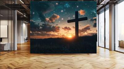 The Old Rugged Cross At Sunrise With Clouds And Starry Sky - Crucifixion/Resurrection Of Jesus Christ Concept with generative ai Wall mural