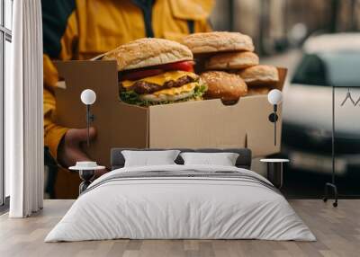 Two boxes with fast food are carried by a uniformed delivery man for one of the clients with generative ai Wall mural