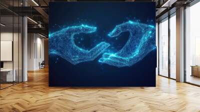 Two Digital Hands Holding Something. Blue Low Poly Wireframe Illustration on Dark Blue Background. Technology Concept. with generative ai Wall mural