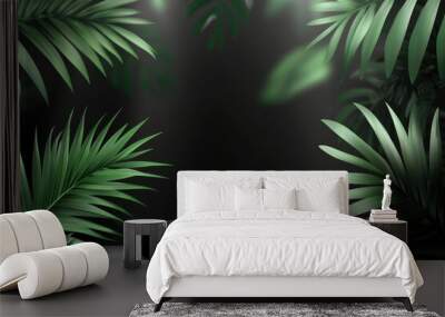 Two Podiums Composition on Black Background with Blurred Palm Leaves. Horizontal Banner for Black Friday Sale. Vector Illustration with generative ai Wall mural