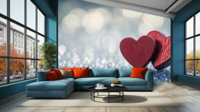 Two Red Wooden Interlocking Hearts On Silver Glitter With Heart Shaped Bokeh Background - Valentine's Day / Marriage Concept with generative ai Wall mural