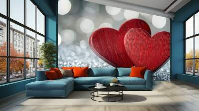 Two Red Wooden Interlocking Hearts On Silver Glitter With Heart Shaped Bokeh Background - Valentine's Day / Marriage Concept with generative ai Wall mural