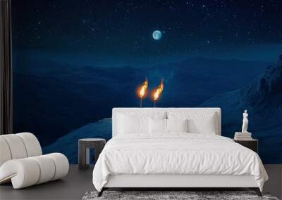 Two Romantic Matchsticks Burning In Love Sitting On Mountain Top Under Starry Moonlit Sky - Love And Romance Concept with generative ai Wall mural