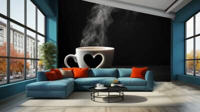 White coffee cup with smoke, and shadow from handle in heart form, isolated on black background, drink concept whit generative ai Wall mural