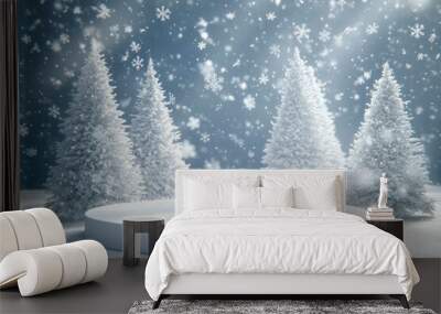 White podium with fir trees and falling snow. Display for winter holidays, New Year and Christmas product presentation with generative ai Wall mural