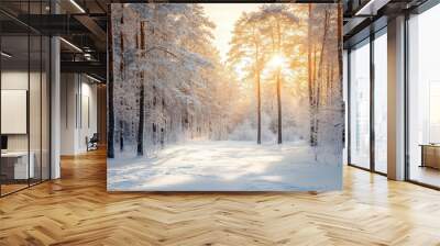 Winter background. Landscapes. Frozen winter forest with snow covered trees. outdoor with generative ai Wall mural