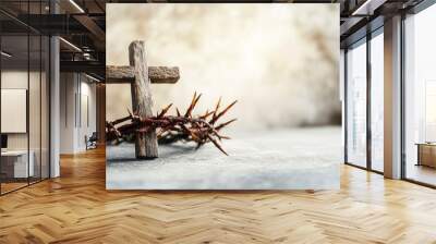 Wooden cross and crown of thorns on light background. Good Friday concept with generative ai Wall mural