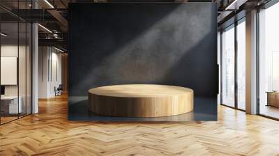 Wooden podium for product presentation in the dark blue room 3D rendering with generative ai Wall mural