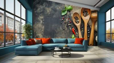 Wooden spoon and ingredients on old background with generative ai Wall mural