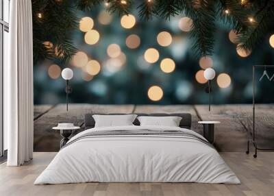 Wooden table top with blurred bokeh lights and pine tree leafs, Christmas holiday, winter concept, product display with generative ai Wall mural