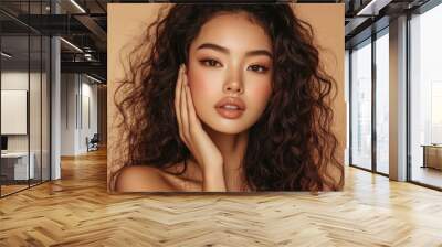 Young Asian beauty woman curly long hair with korean makeup style touch her face and perfect skin on isolated beige background. Facial treatment, Cosmetology, plastic surgery with generative ai Wall mural