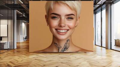 Young blond pretty smiling girl beauty female model with short blonde hair beautiful face healthy skin and tattoos looking at camera isolated at beige background. with generative ai Wall mural