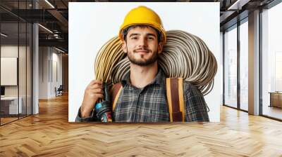 Young electrician carrying cables on shoulder isolated on white background with generative ai Wall mural