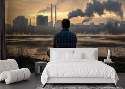 Young man sitting on drying river and looking to polluted city with smoke of co2, carbon dioxide on background. Metaphoric of Environment damage, Climate change and pollution with generative ai Wall mural