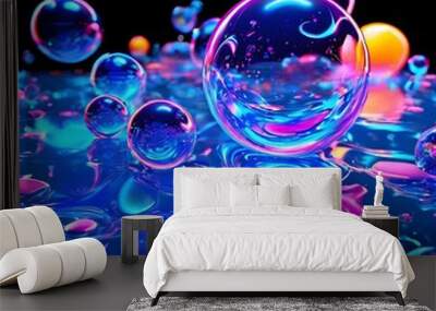 abstract 3d design with glow b bubbles liquid illustration  blue circle drop light transparent Wall mural