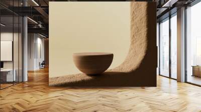 3D render abstract wooden and stone material, Background for product display, wooden bowl on a textured, curved surface with a beige background, The scene is minimalist and serene, with soft lighting. Wall mural