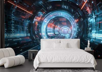 Abstract high tech futuristic technology data transfer design with magic circle teleport podium with hologram effec Sci fi Wall mural