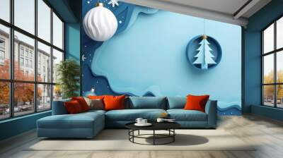 christmas background with christmas tree and balls. christmas paper art background Wall mural