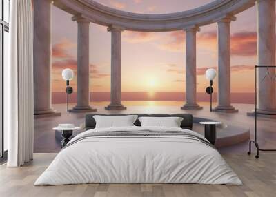 Ancient marble pillars in elliptical arrangement with orange sky Wall mural