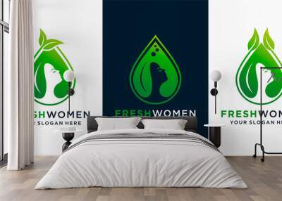 set of Woman beauty natural oil logo design with woman face ,leaf and fresh oil design template and business card Premium Vector Wall mural