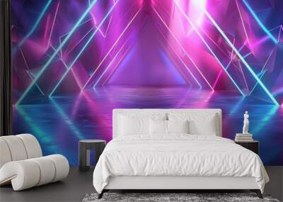 3d render ruby lavender mint color neon abstract background with glowing triangle lines ultraviolet light laser show wall reflection triangular shape-0990c06cf2f0.jpeg Wall mural