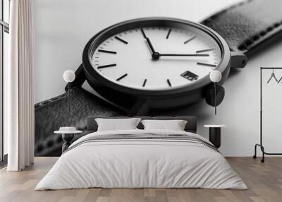 A close-up of a black and white minimalist wristwatch. Wall mural