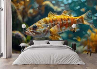 A close-up shot of a colorful fish swimming in an aquarium. Wall mural