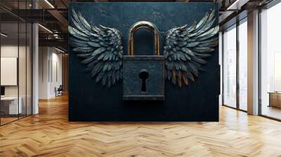 A golden padlock with wings on a dark background. Wall mural