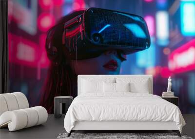 A woman wearing a VR headshet with cyberpunk bakcground Wall mural