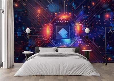 Abstract Circuit Board with Glowing Lines and Colorful Lights Wall mural