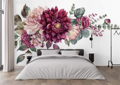 Autumn floral with dahlia, rose and eucalyptus leaves. Watercolor illustration. isolated solid white background Wall mural