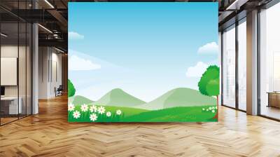 Beautiful mountain scenery with flowers, grass, meadow and blue sky Wall mural