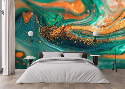 beautiful orange green cyan pastel liquid swirls with gold glitter luxurious acrylic pour background Wall mural