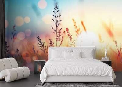 Beautiful summer or autumn nature backdrop with banner wild flowers over sunset sky meadow Wall mural