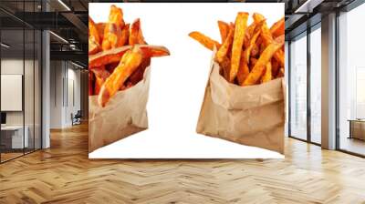 Collection of sweet potato fries in paper bag, isolated transparent background Wall mural