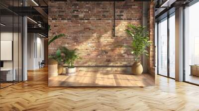 interior of the big room with a brick wall empty room with big window in loft style brick wall with plant in a modern interior Wall mural