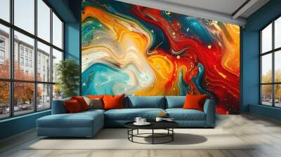 liquid swirls in abstract design background with beautiful red yellow white teal and blue colors and gold glitter Wall mural