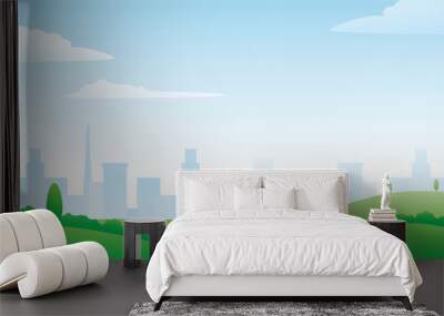 Meadow and city on the background with bright sky vector illustration suitable for environment theme background or wallpaper  Wall mural