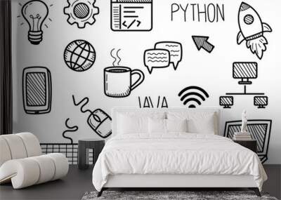 Set of programming doodle illustrations on a white background. Hand-drawn coding vector elements Wall mural