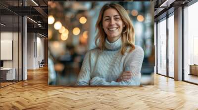 Smiling Woman in White Sweater in Cafe Wall mural